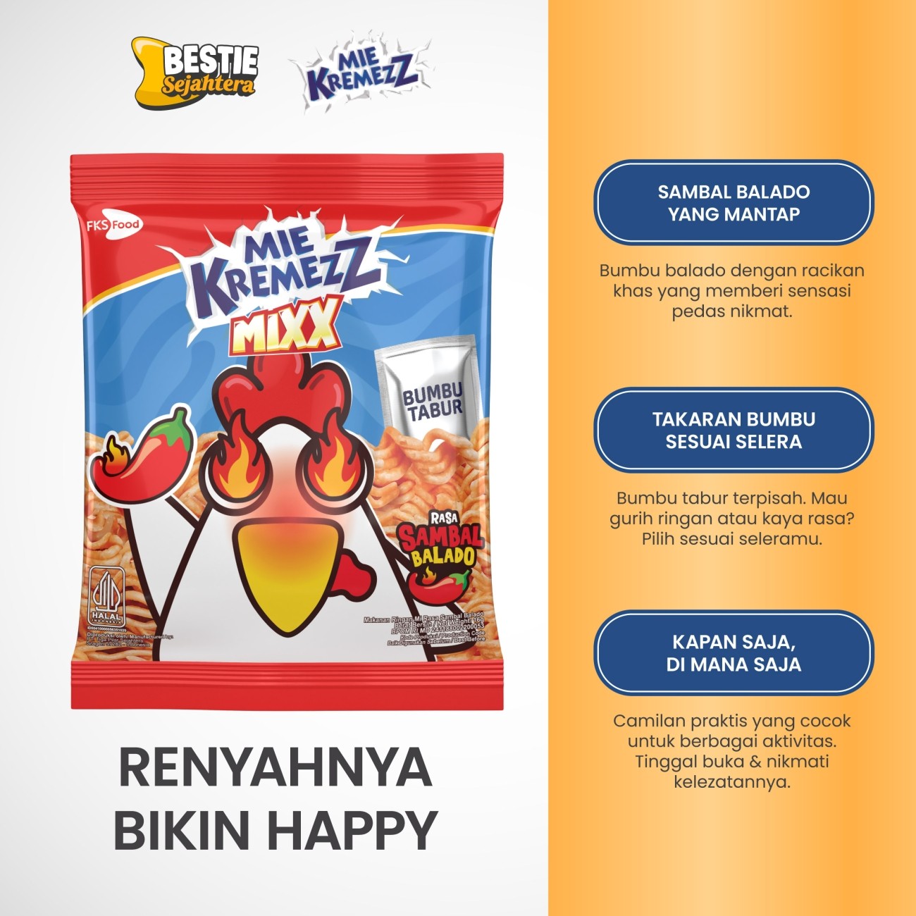 Warung Bestie Paket 1 Karton Mie Kremezz Mixx Hot Chili 90 pcs - Snack Mi Kering Renyah - 16 gr