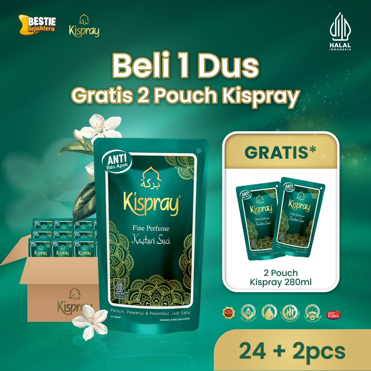 Warung Bestie Kispray Kasturi Suci - Pewangi - Pelicin Pelembut Pakaian  - Halal - Pouch 1 Dus