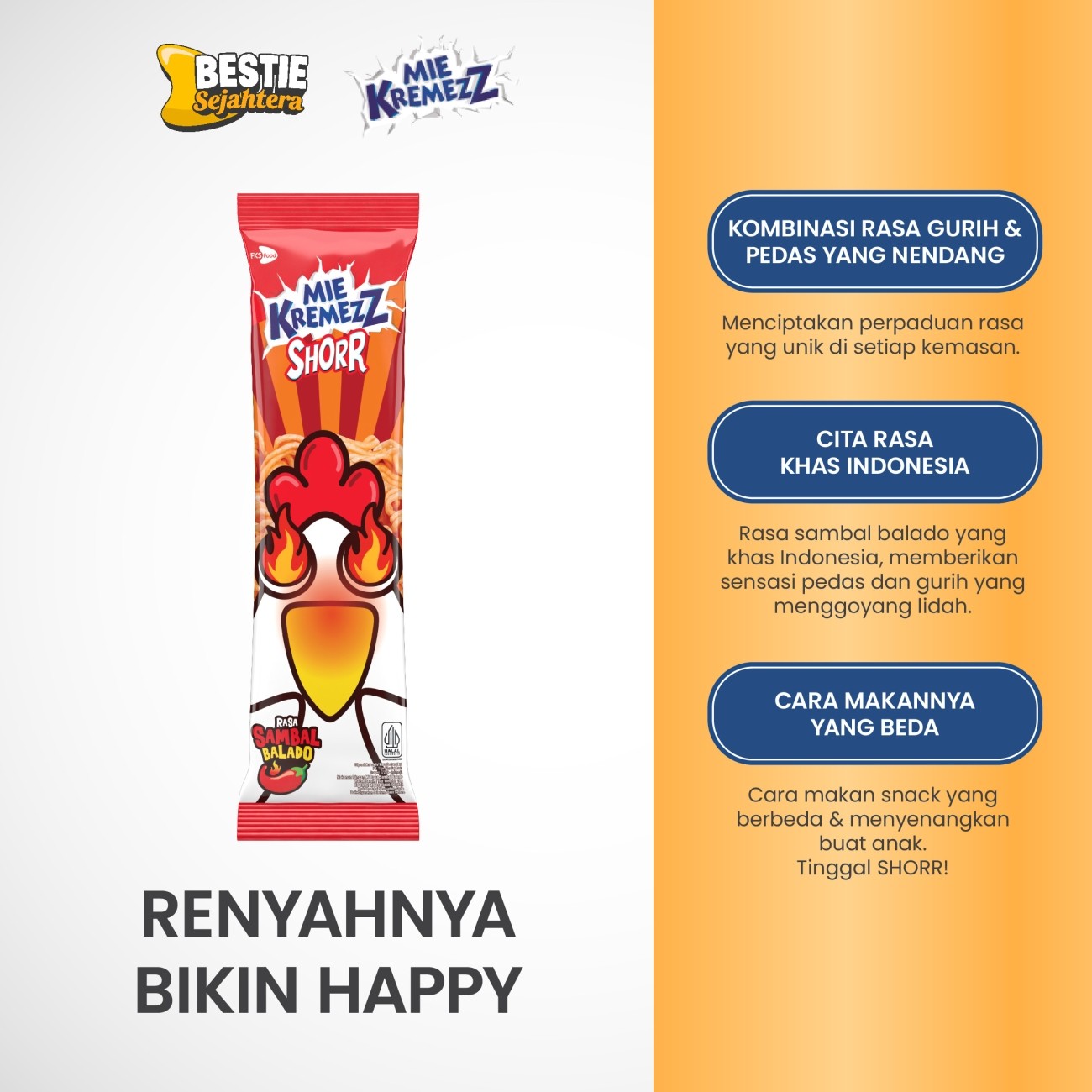 Warung Bestie Mie Kremezz Shorr - Sambal Balado - 1 Karton (6box) - 126 Pcs - 16gr