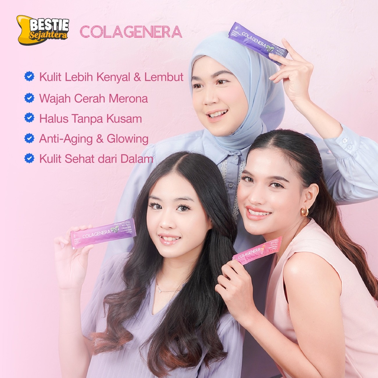 Warung Bestie Bundling 3 Box-COLAGENERA Serbuk  -Rasa Stroberi - Tripeptide 5000mg- Paket 15 Hari /15 sachet