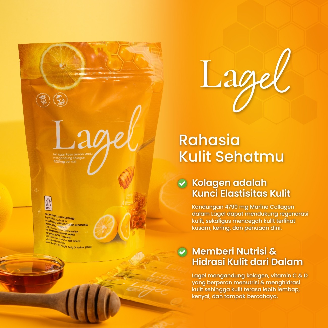 Warung Bestie Lagel - Collagen Jelly / Jeli Kolagen Rasa Lemon & Madu untuk Kulit Cerah Glowing Maksimal - 20 gr -