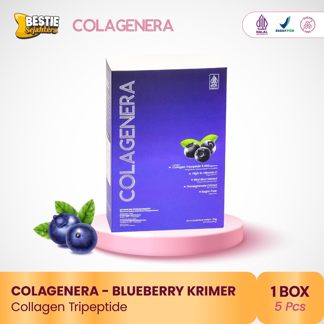 Warung Bestie COLAGENERA - Rasa Blueberi & krimer Collagen  - Tripeptide+5000mg  - 15 g - 5 Sachet / 1 Box