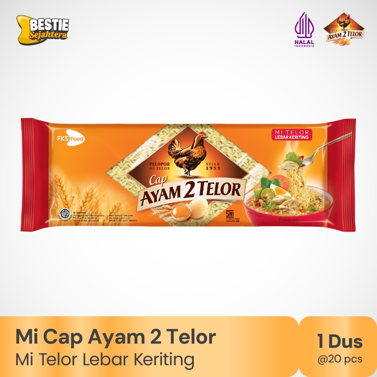 Warung Bestie Mi Cap Ayam 2 Telor - Lebar Keriting - 1 karton - 20 Pcs - 200gr