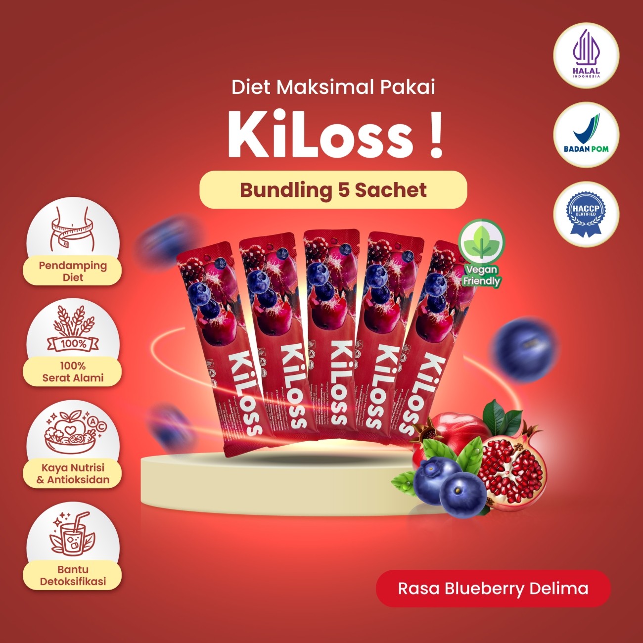Warung Bestie KiLoss Fiber -  Rasa Blueberry Delima - Minuman Sehat Pendamping Diet Jadi Mudah - 15 gr - 5 Sachet