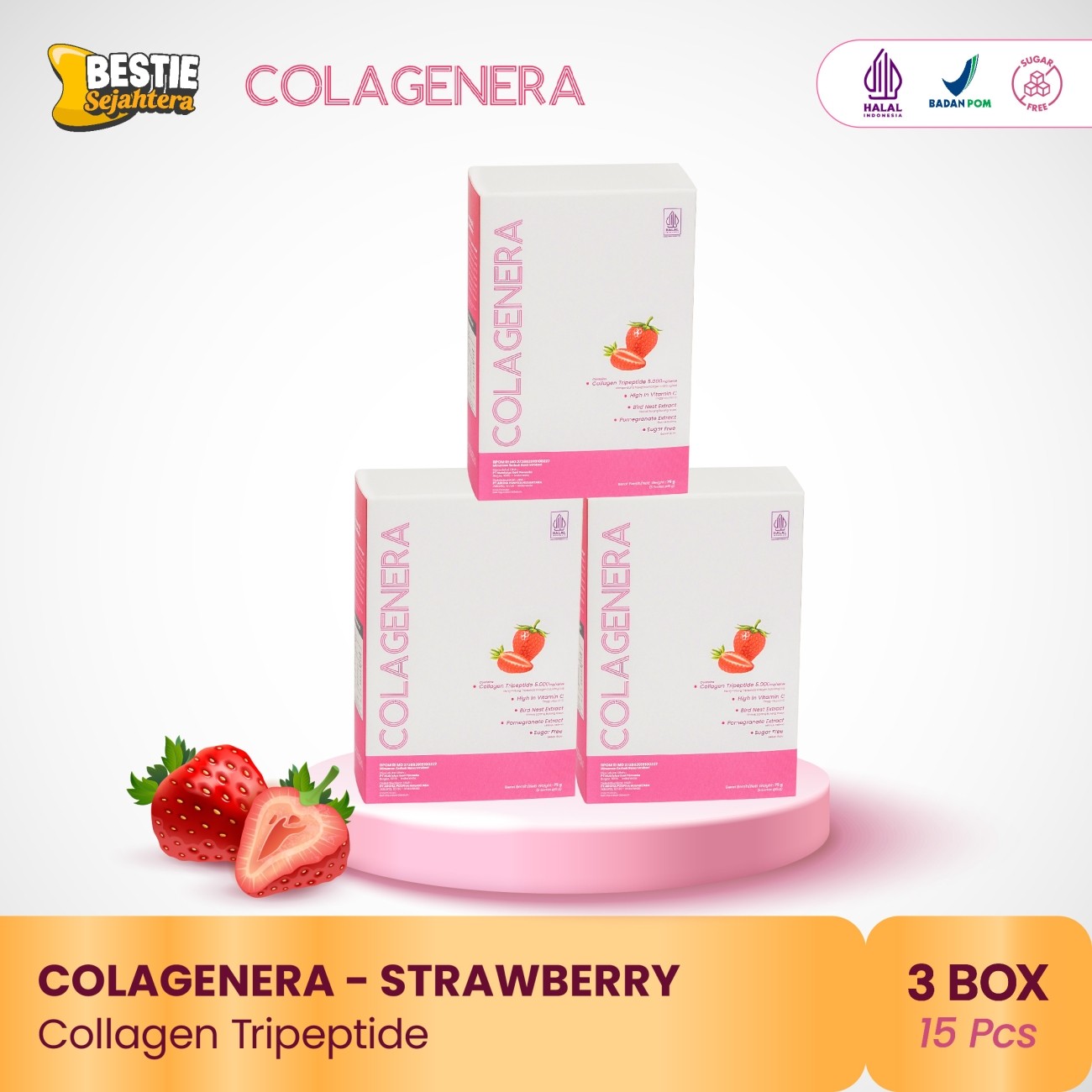 Warung Bestie Bundling 3 Box-COLAGENERA Serbuk  -Rasa Stroberi - Tripeptide 5000mg- Paket 15 Hari /15 sachet