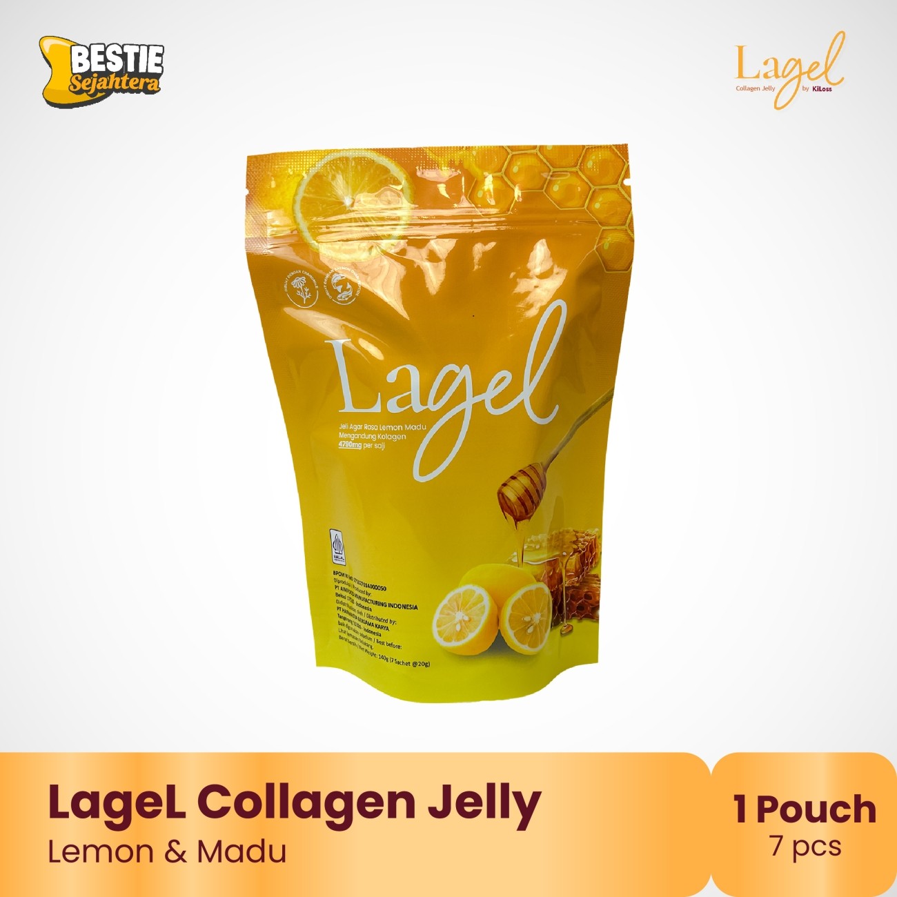 Warung Bestie LageL - Rasa Lemon & Madu -  Jeli Kolagen Sehat Langsung Makan - 20g - 7 Sachet/1 Pouch