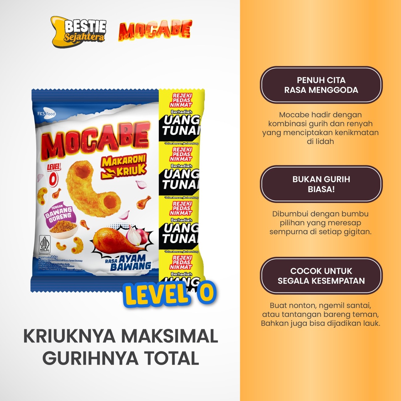 Warung Bestie Mocabe - Makaroni LEVEL 0 Ayam Bawang 24gr - 60 pcs - 1 Karton