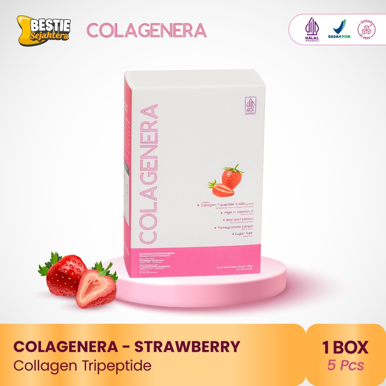 Warung Bestie COLAGENERA -Rasa stroberi Collagen - Tripeptide+5000mg  - 15 g - 5 Sachet / 1 Box