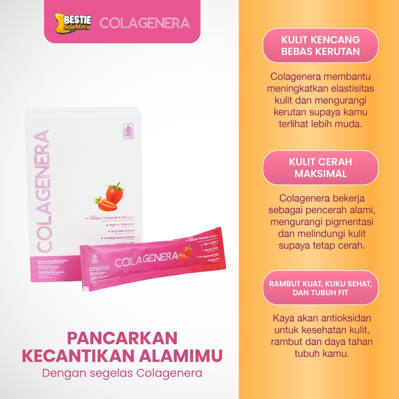 Warung Bestie Bundling 3 Box-COLAGENERA Serbuk  -Rasa Stroberi - Tripeptide 5000mg- Paket 15 Hari /15 sachet