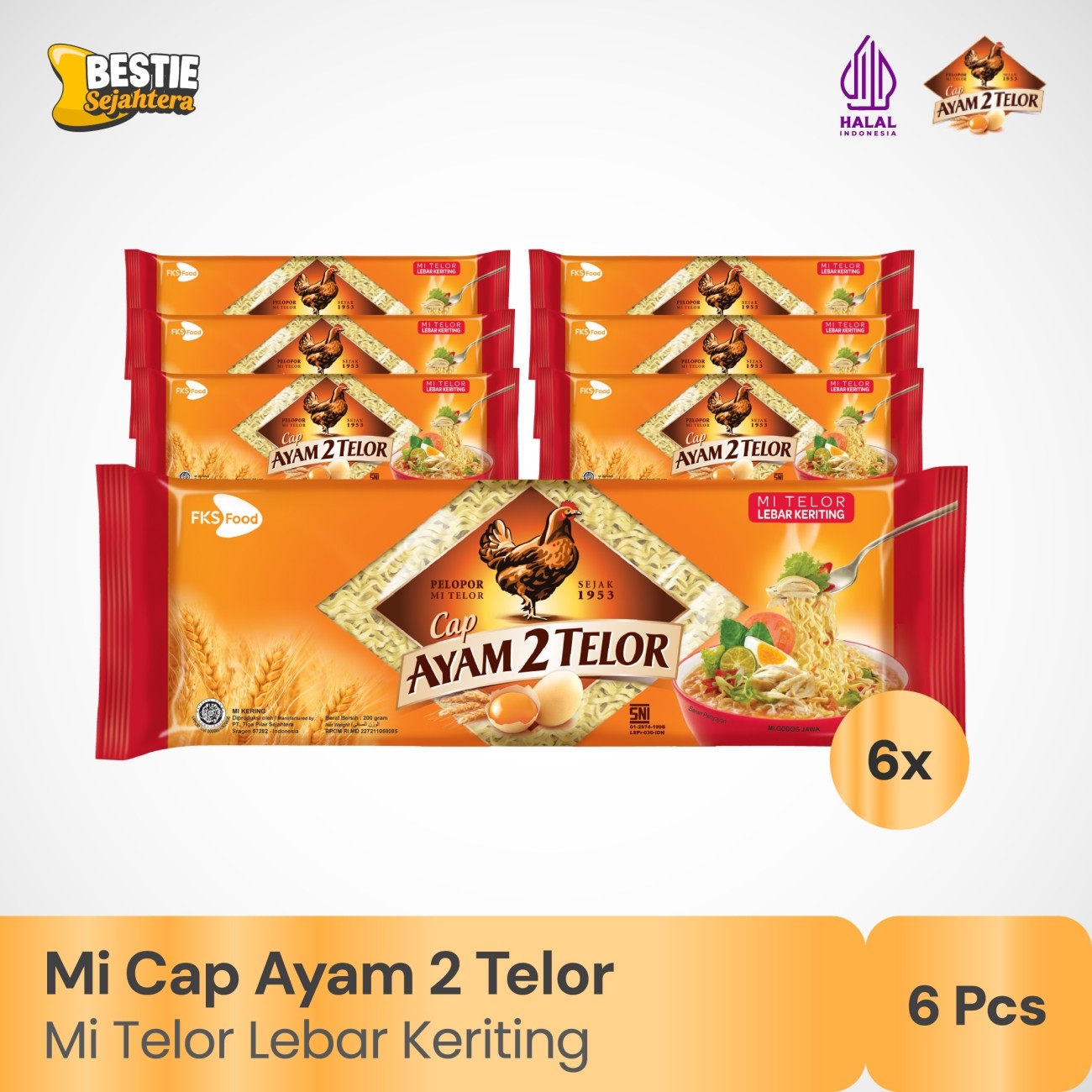 Warung Bestie Paket Bundling - Mi Cap Ayam 2 Telor - Lebar Keriting - 200gr - 6pcs