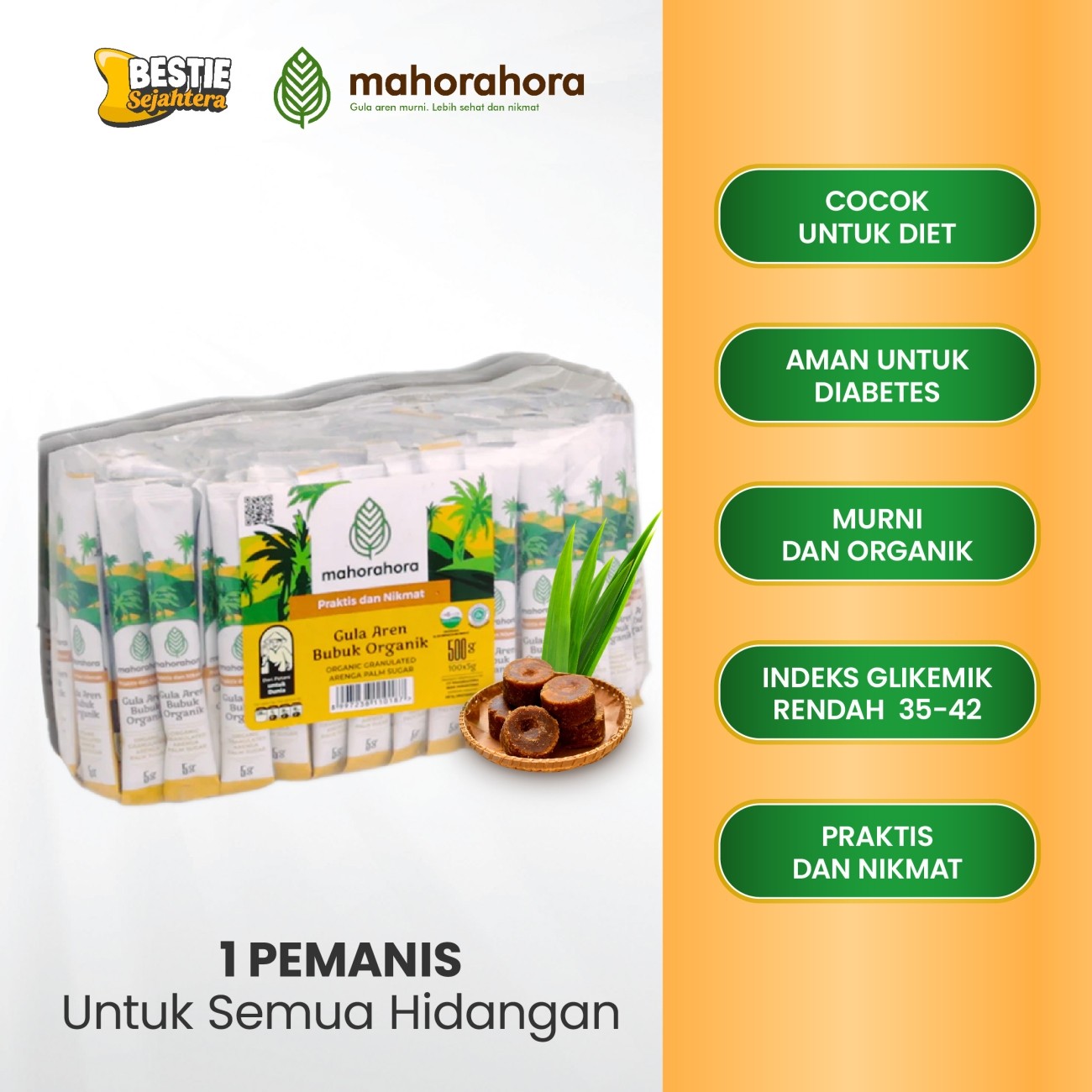 Warung Bestie Mahorahora Gula Aren Bubuk Organik – Gula Sehat Rendah Gula Darah & Halal – 5 gr – 100 Sachet