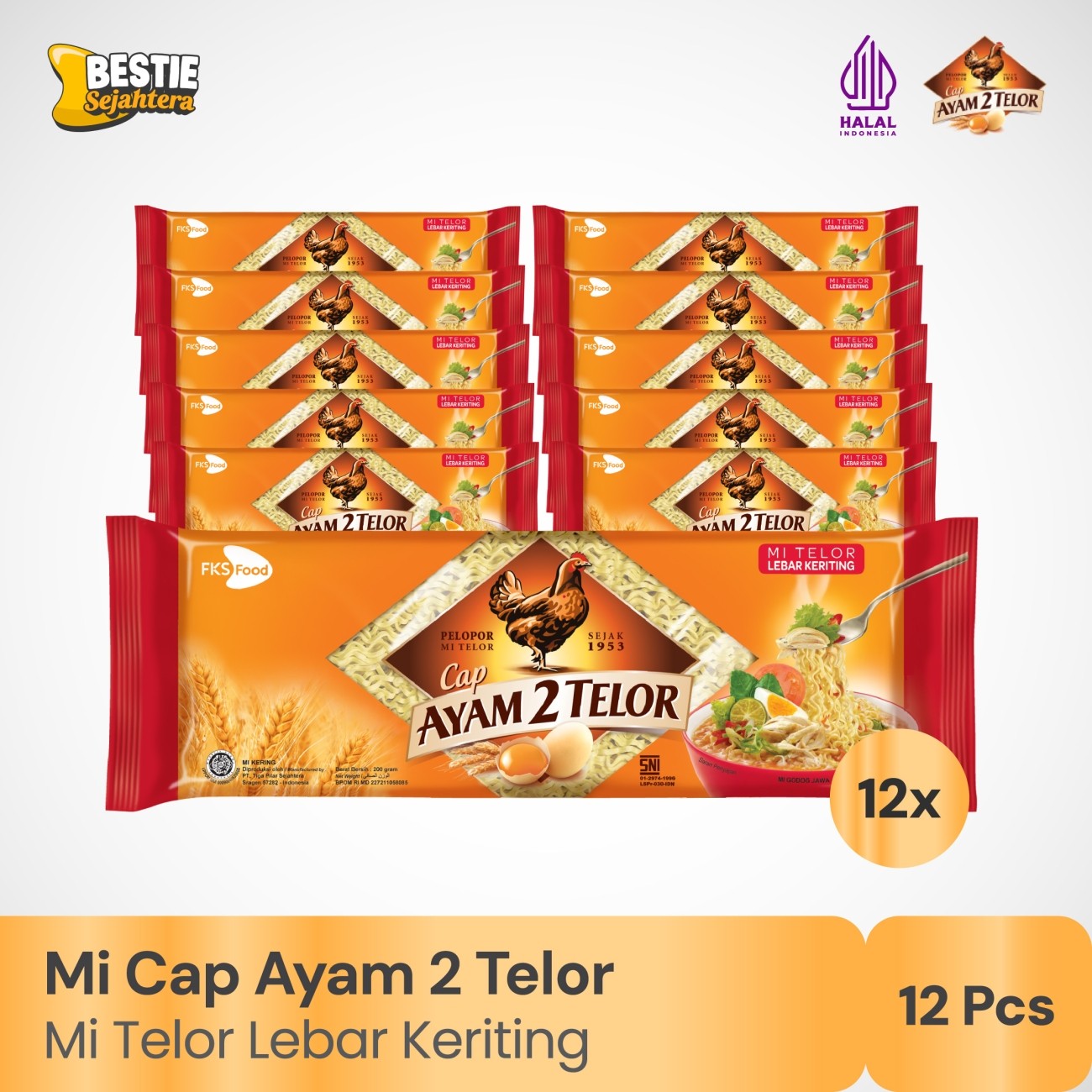 Warung Bestie Paket Bundling - Mi Cap Ayam 2 Telor - Lebar Keriting - 200gr - 12pcs