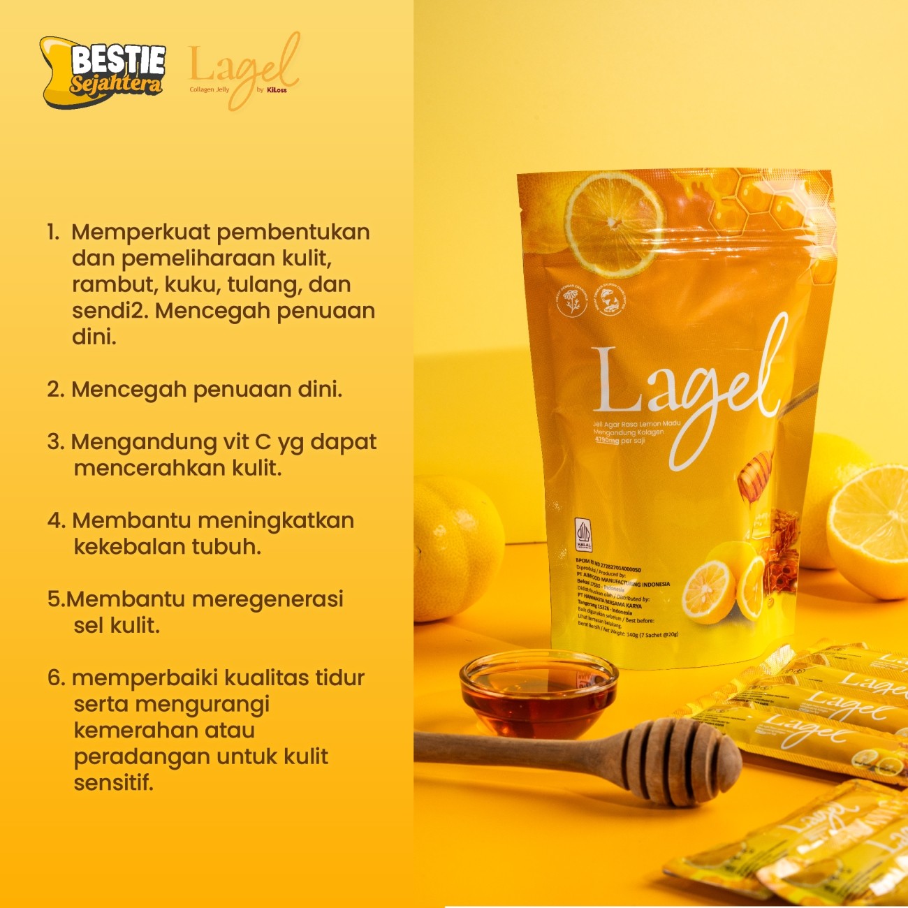 Warung Bestie LageL - Rasa Lemon & Madu -  Jeli Kolagen Sehat Langsung Makan - 20g - 7 Sachet/1 Pouch