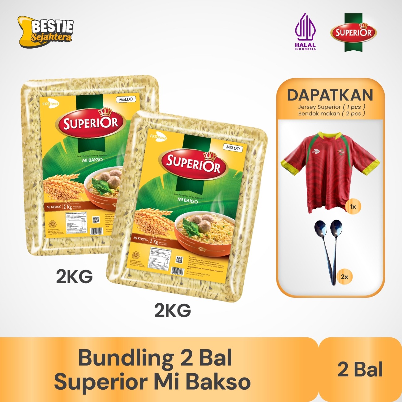 Warung Bestie Mi Superior Keriting - Mie Bakso - 2 Bal - Gratis  Kaos Jersey - dan 2 Sendok Makan