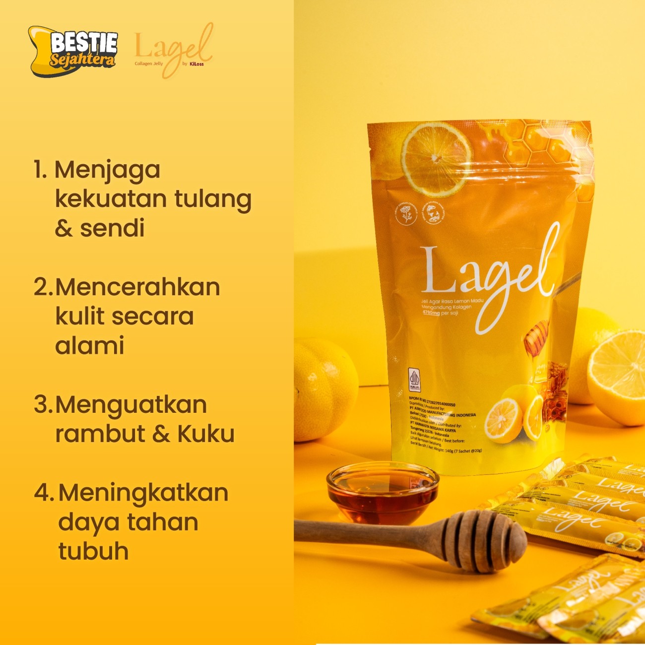 Warung Bestie LageL - Rasa Lemon & Madu -  Jeli Kolagen Sehat Langsung Makan - 20g - 7 Sachet/1 Pouch