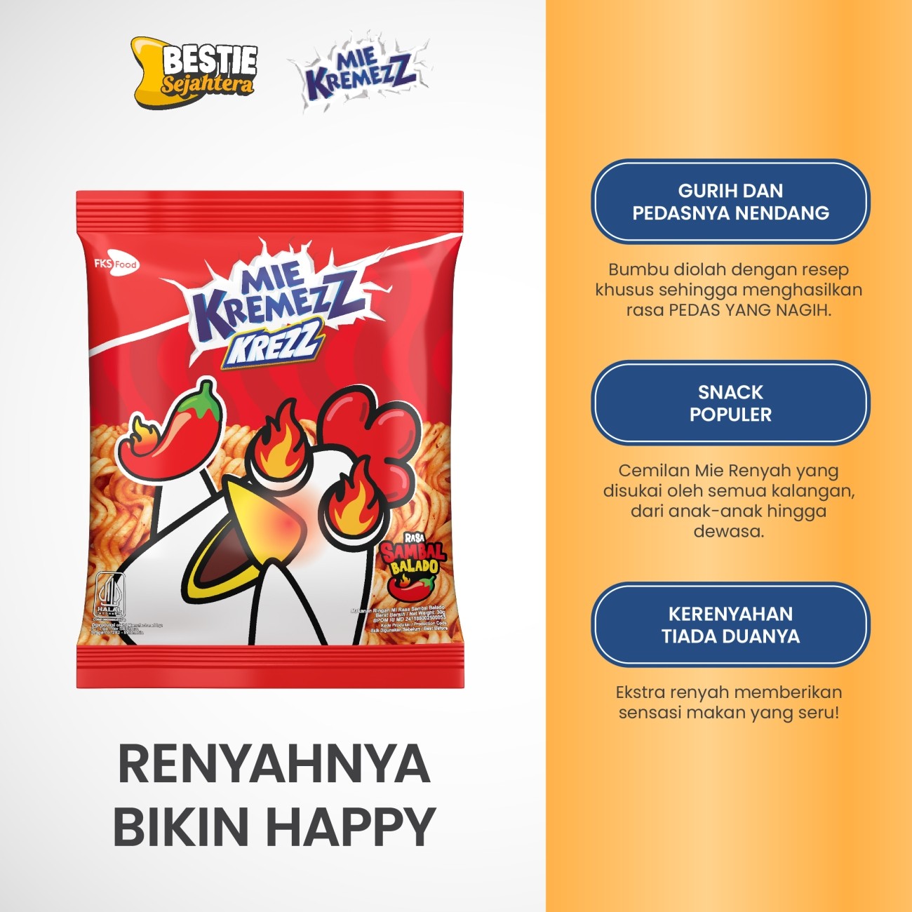 Warung Bestie Mie Kremezz Krezz - Sambal Balado- 1 karton (6renceng) -  66 Pcs - 30g