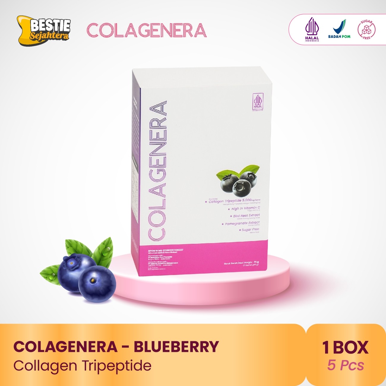 Warung Bestie COLAGENERA -Rasa Blueberi Collagen - Tripeptide+5000mg  - 15 g - 5 Sachet / 1 Box
