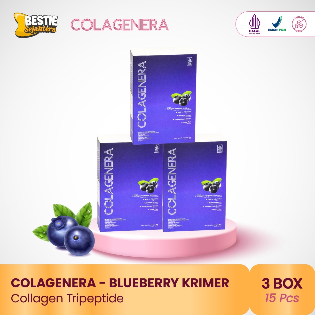 Warung Bestie Bundling 3 Box-COLAGENERA Serbuk  -Rasa Blueberi & krimer Tripeptide 5000mg- Paket 15 Hari - 15 Sct