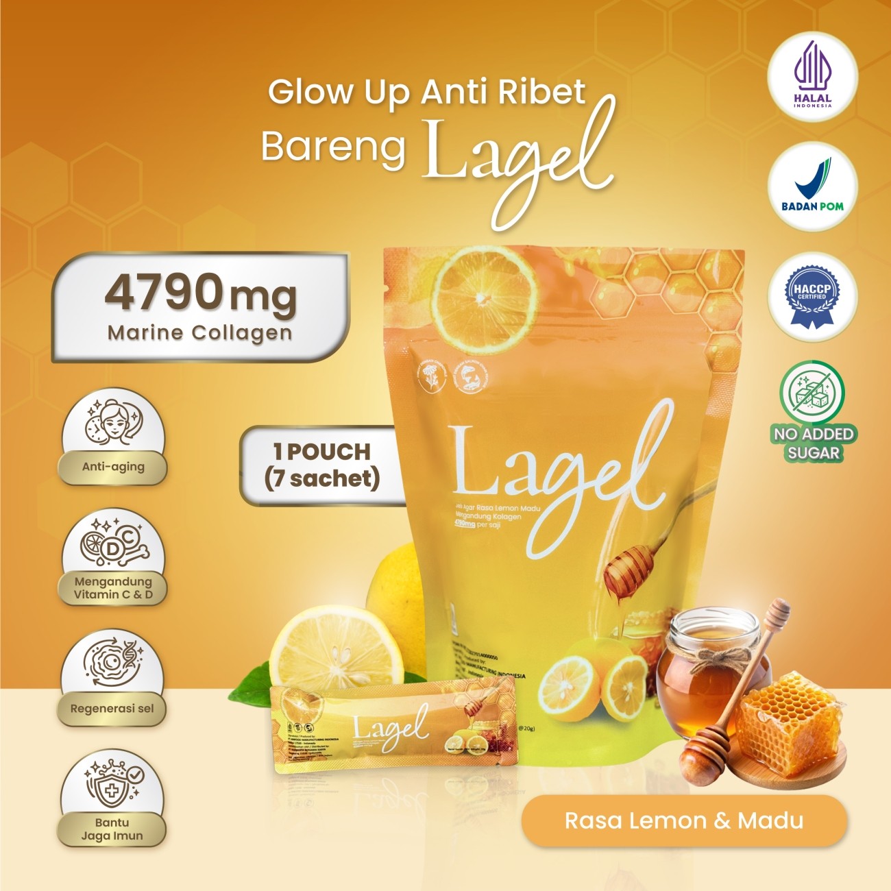 Warung Bestie Lagel - Collagen Jelly / Jeli Kolagen Rasa Lemon & Madu untuk Kulit Cerah Glowing Maksimal - 20 gr -