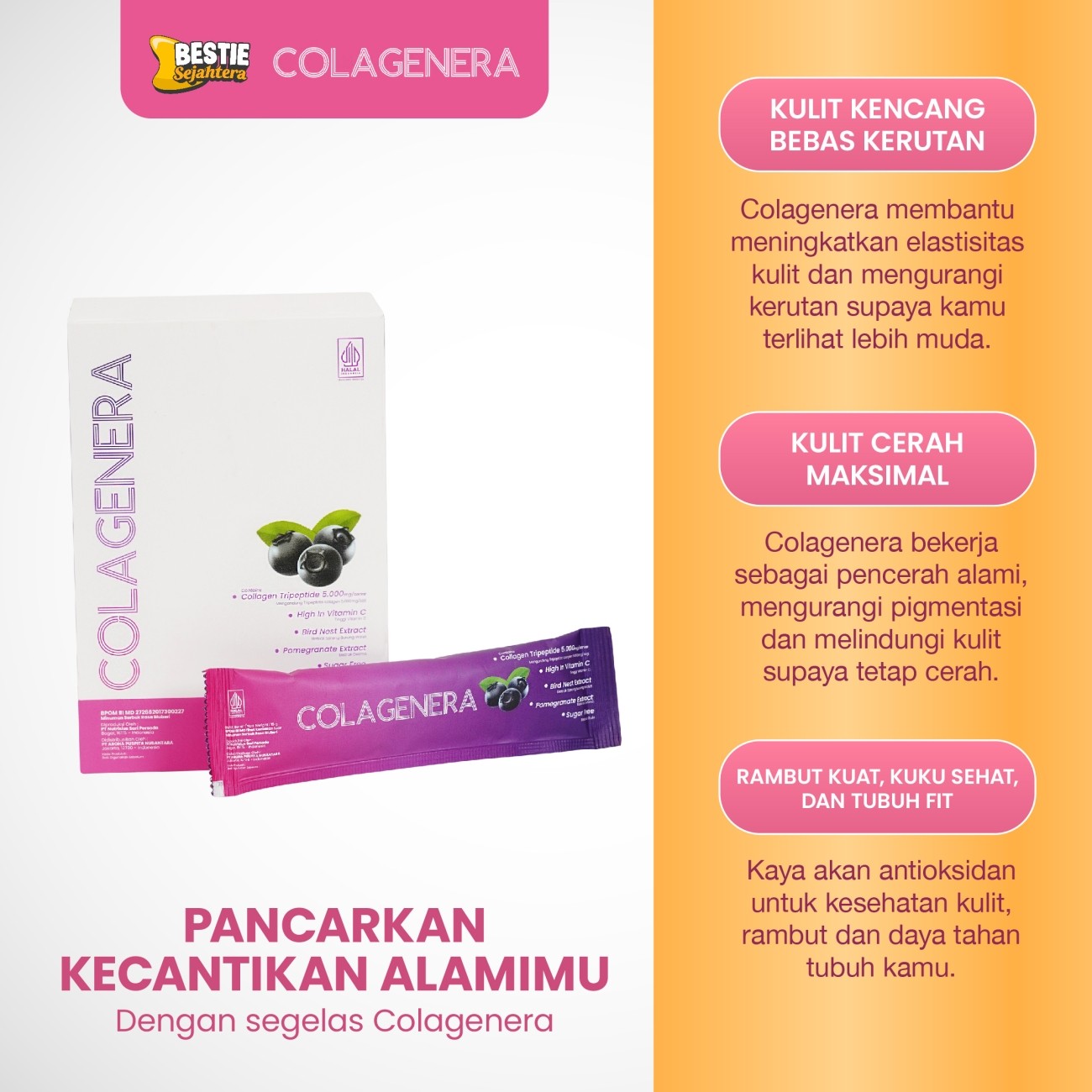 Warung Bestie Bundling 3 Box-COLAGENERA- Collagen  Serbuk -Rasa Blueberi Tripeptide 5000mg- Paket 15 Hari /15 sct