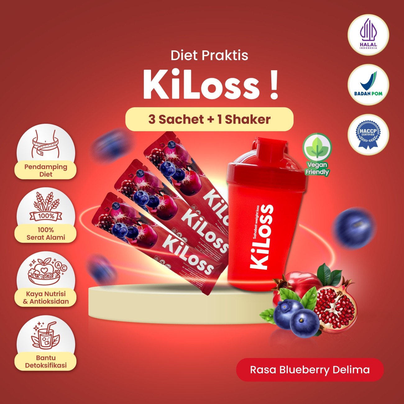 Warung Bestie KiLoss Fiber - Minuman Serat Alami Pendamping Diet Jadi Mudah - Blueberry Delima - 3 Sachet FREE 1 S