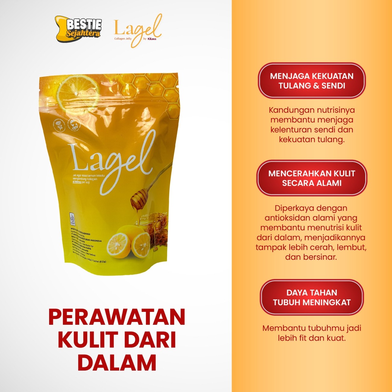 Warung Bestie LageL - Rasa Lemon & Madu -  Jeli Kolagen Sehat Langsung Makan - 20g - 7 Sachet/1 Pouch
