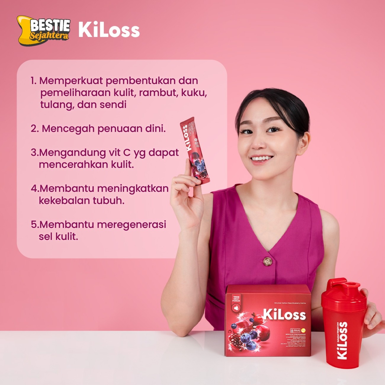 Warung Bestie KiLoss Fiber -  Rasa Blueberry Delima - Minuman Sehat Pendamping Diet - 15g - 15 Sachet/1 Box