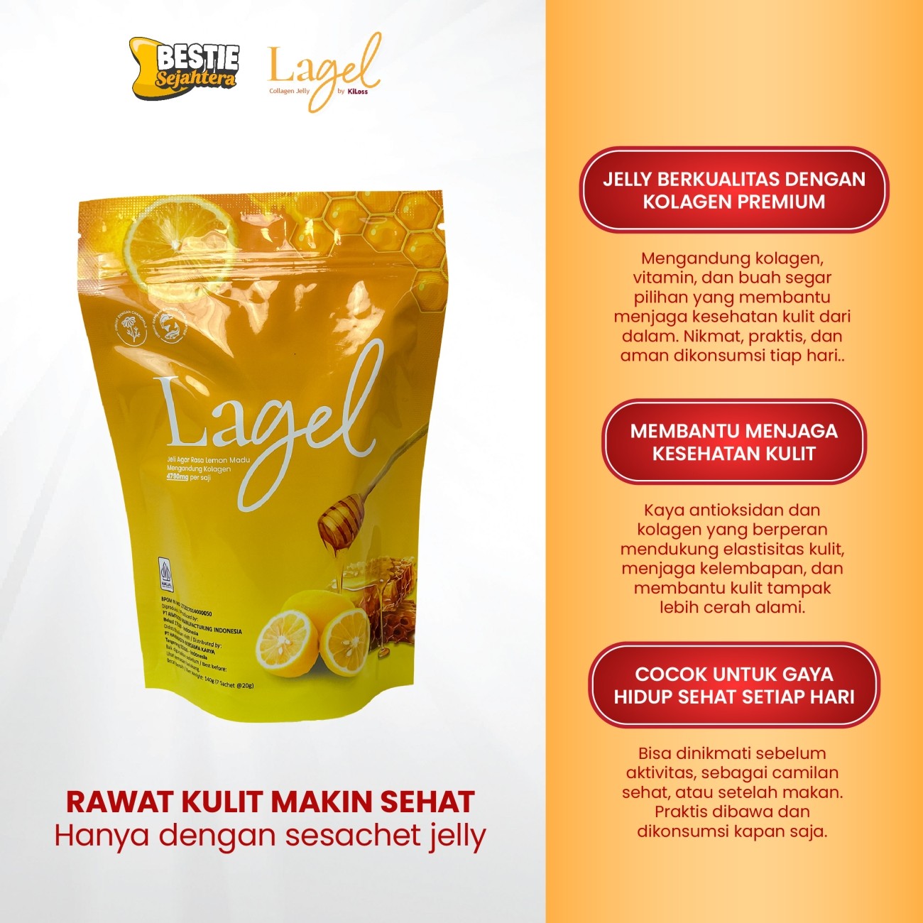 Warung Bestie LageL - Rasa Lemon & Madu -  Jeli Kolagen Sehat Langsung Makan - 20g - 7 Sachet/1 Pouch