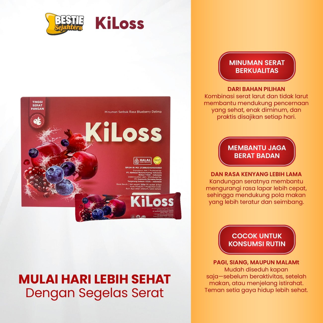 Warung Bestie KiLoss Fiber -  Rasa Blueberry Delima - Minuman Sehat Pendamping Diet - 15g - 10 Sachet